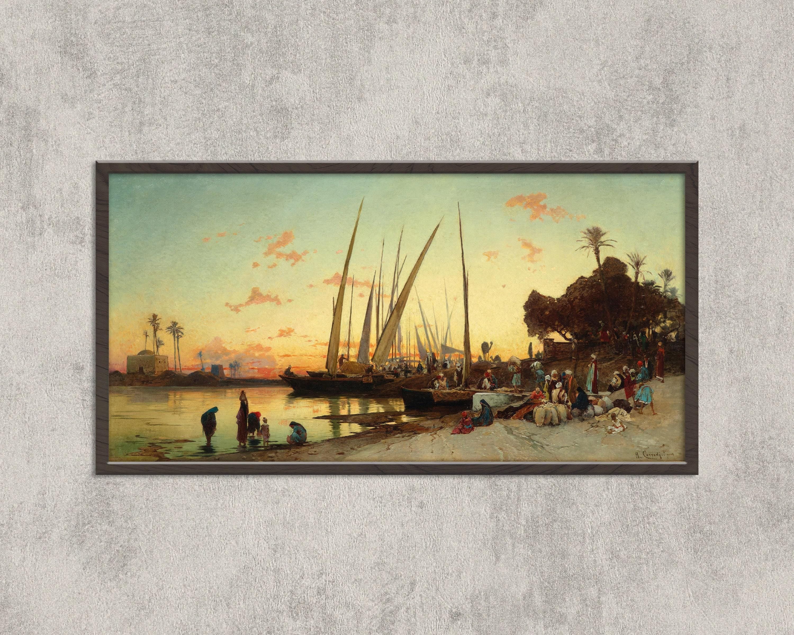 Hermann David Salomon Corrodi - Feluccas on the Nile | Vintage Orientalist Wide Panoramic Art (available handframed or unframed) 2x1 - 9ArtPrints