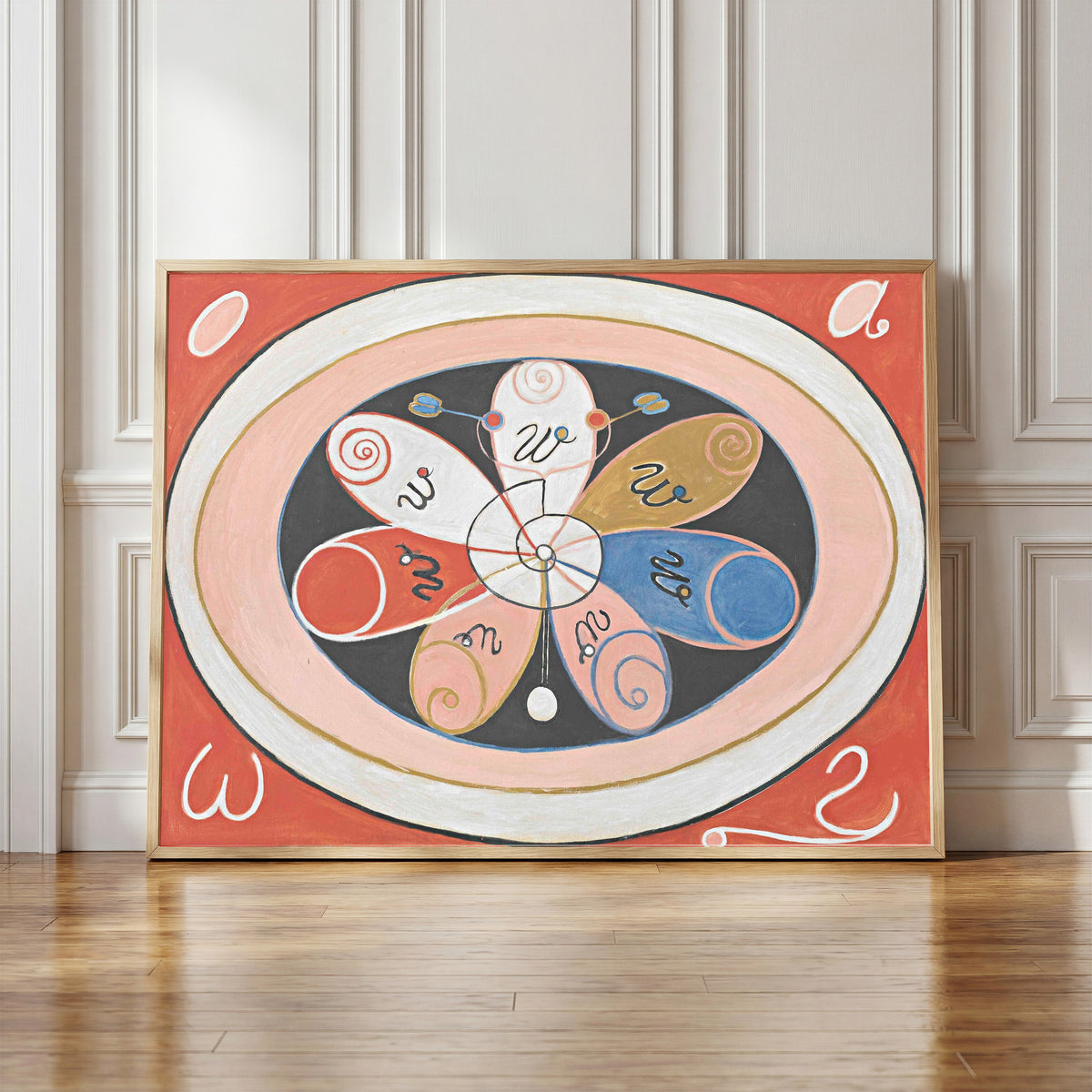 Framed art print of Evolution, No. 15, Group IV, The Seven-pointed Stars by Hilma af Klint, in a light wood frame leaning against a panelled white wall