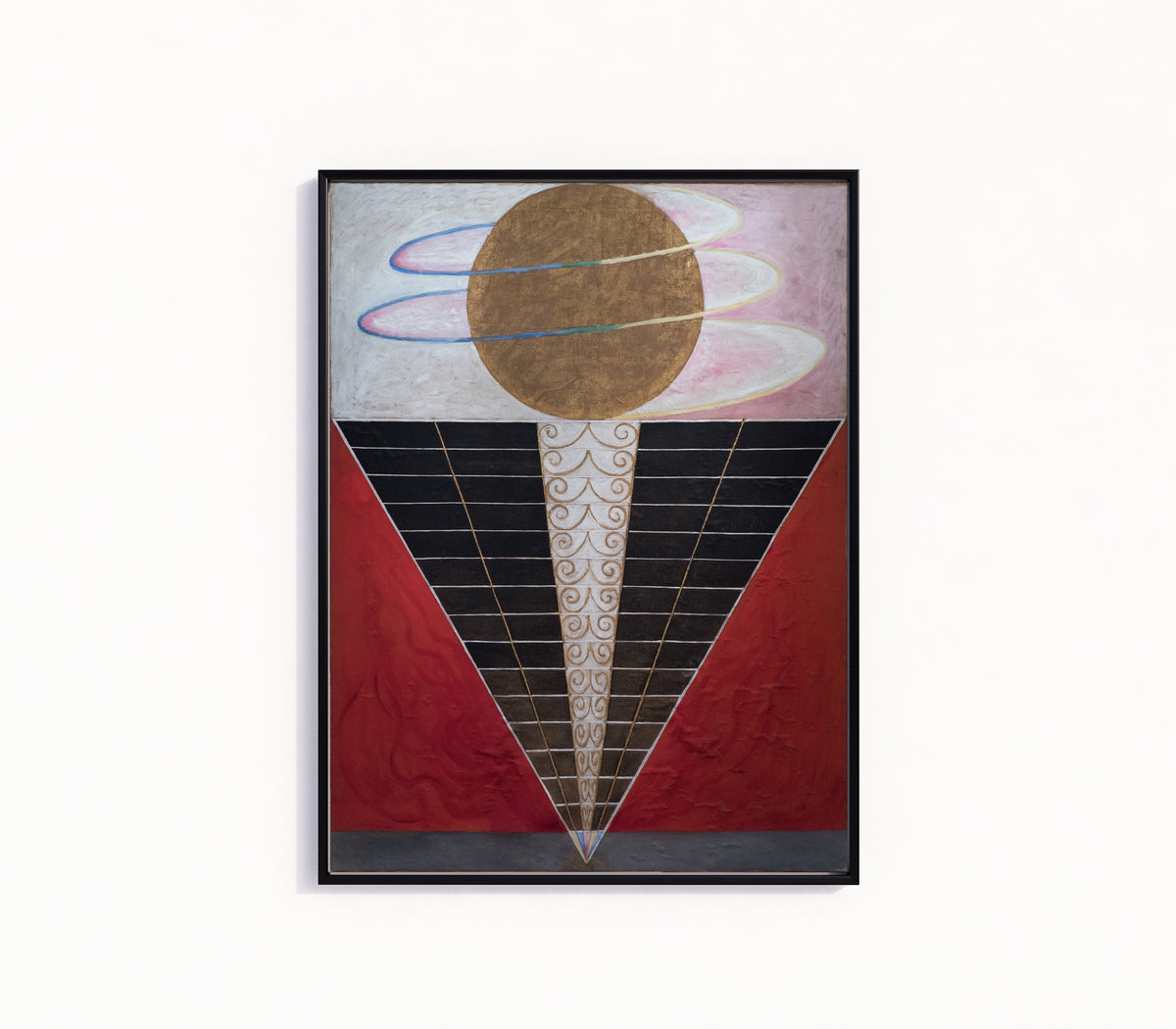 Framed art print of Group X, No. 2, Altarpiece by Hilma af Klint, in a slim black frame on a plain white wall