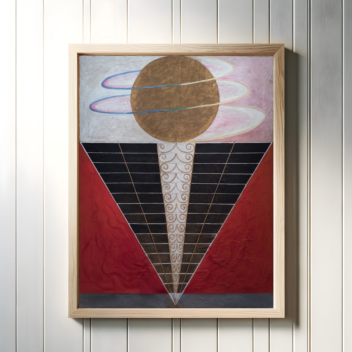 Framed art print of Group X, No. 2, Altarpiece by Hilma af Klint, in a light wood frame on a white panelled wall