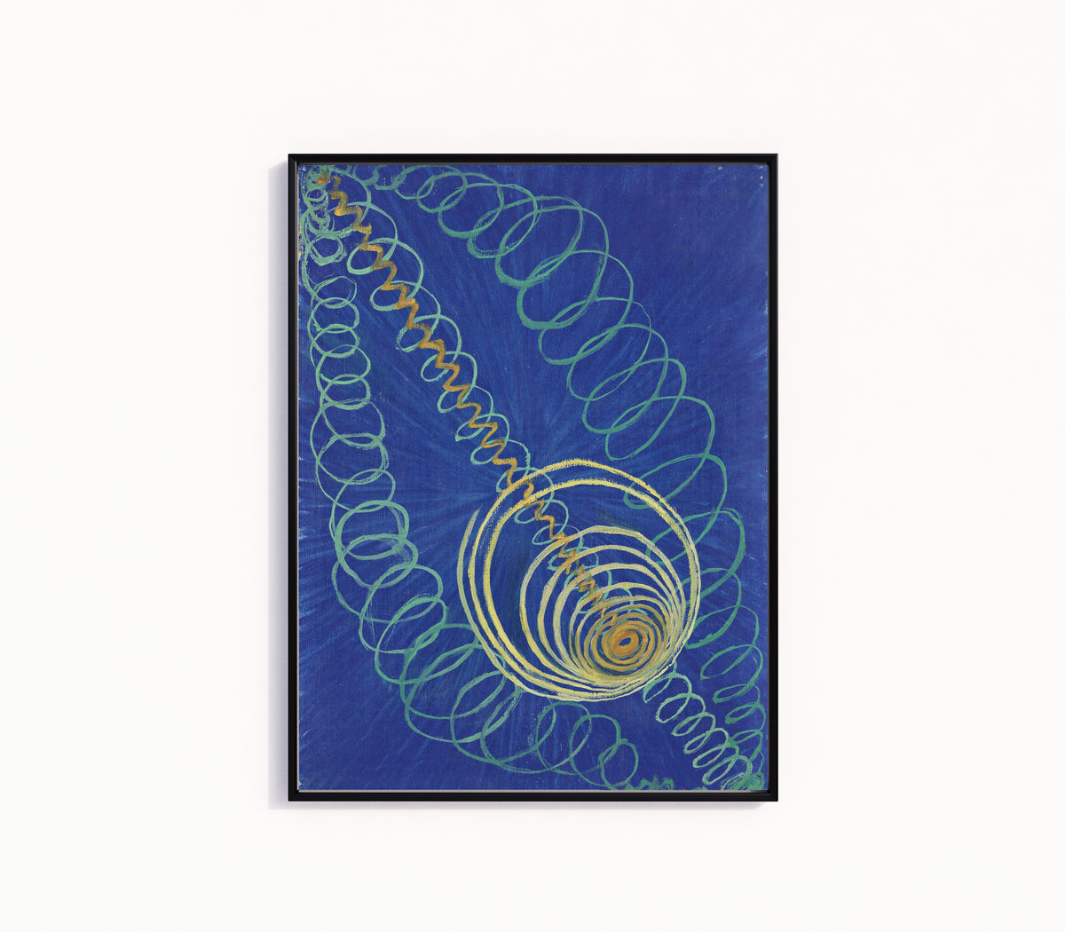 Framed art print of Primordial Chaos, No. 16, The WU-ROSEN Series, Group 1 by Hilma af Klint, in a slim black frame on a plain white wall