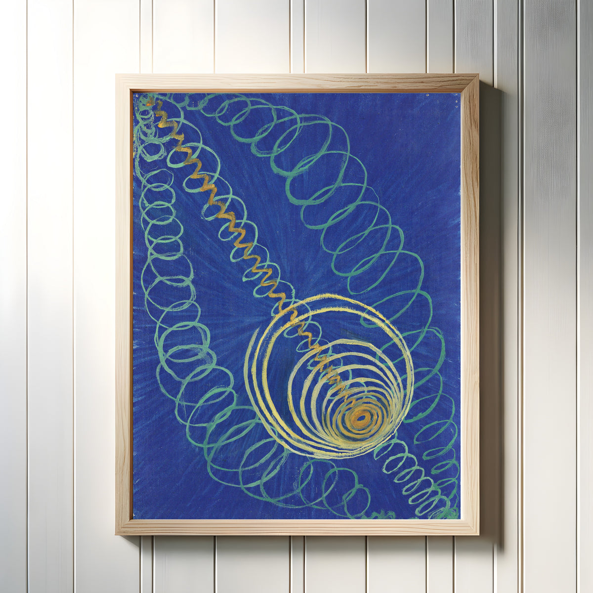 Framed art print of Primordial Chaos, No. 16, The WU-ROSEN Series, Group 1 by Hilma af Klint, in a light wood frame on a white panelled wall