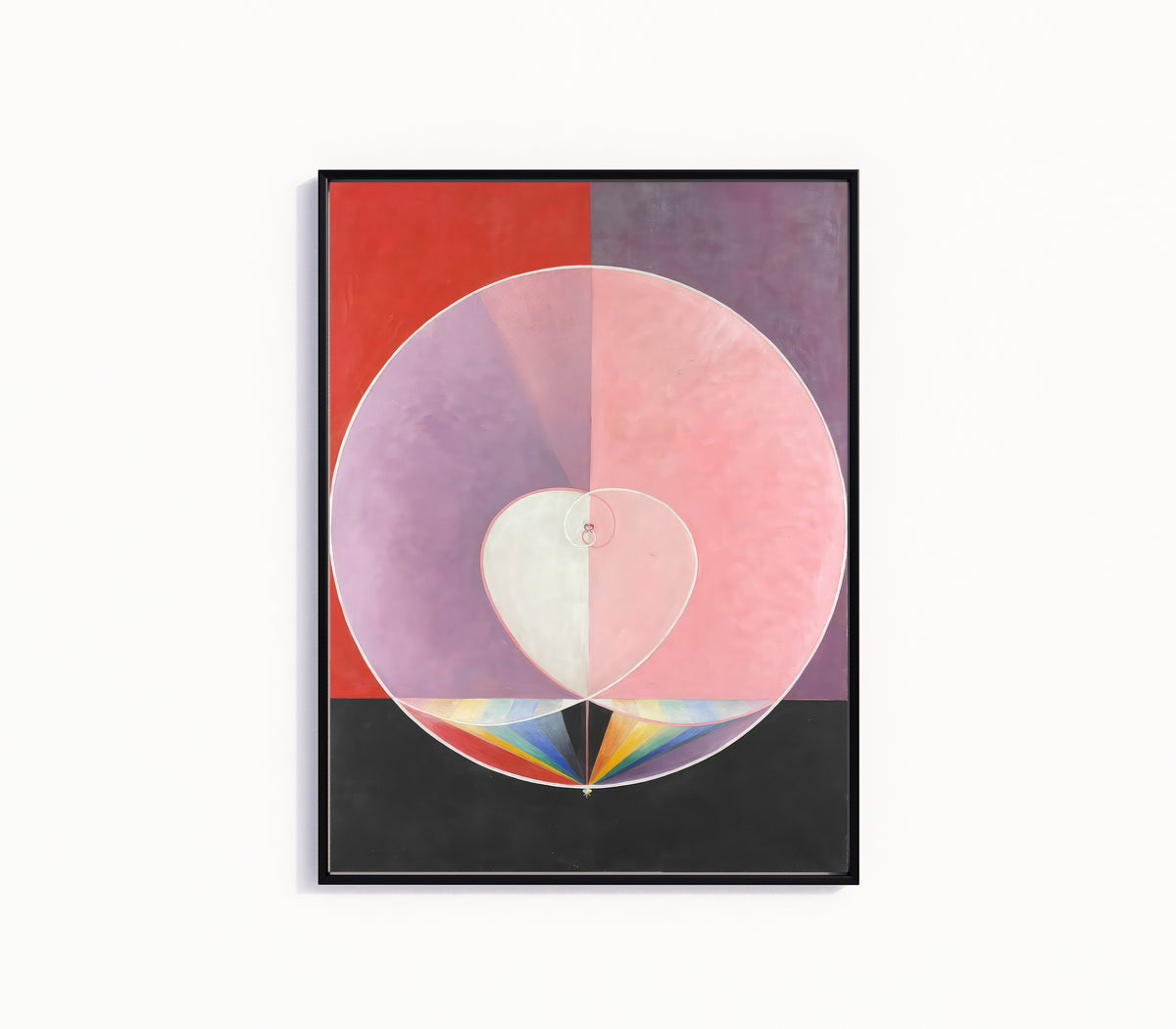 Framed art print of The Dove, No. 2 by Hilma af Klint, in a slim black frame on a plain white wall