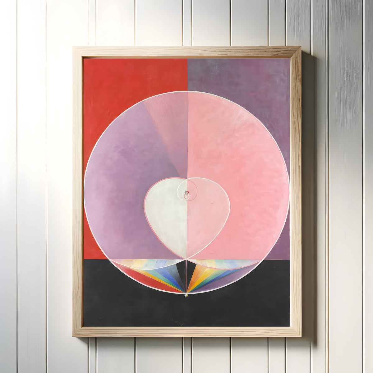 Framed art print of The Dove, No. 2 by Hilma af Klint, in a light wood frame on a white panelled wall