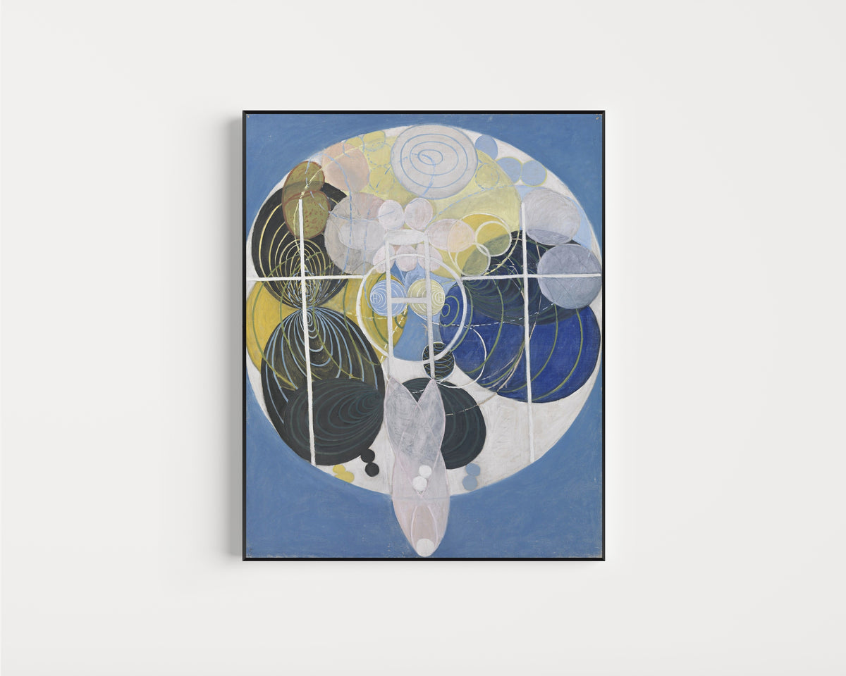 Framed art print of The Large Figure Paintings, No. 5, Group 3 by Hilma af Klint, in a slim black frame on a plain white wall