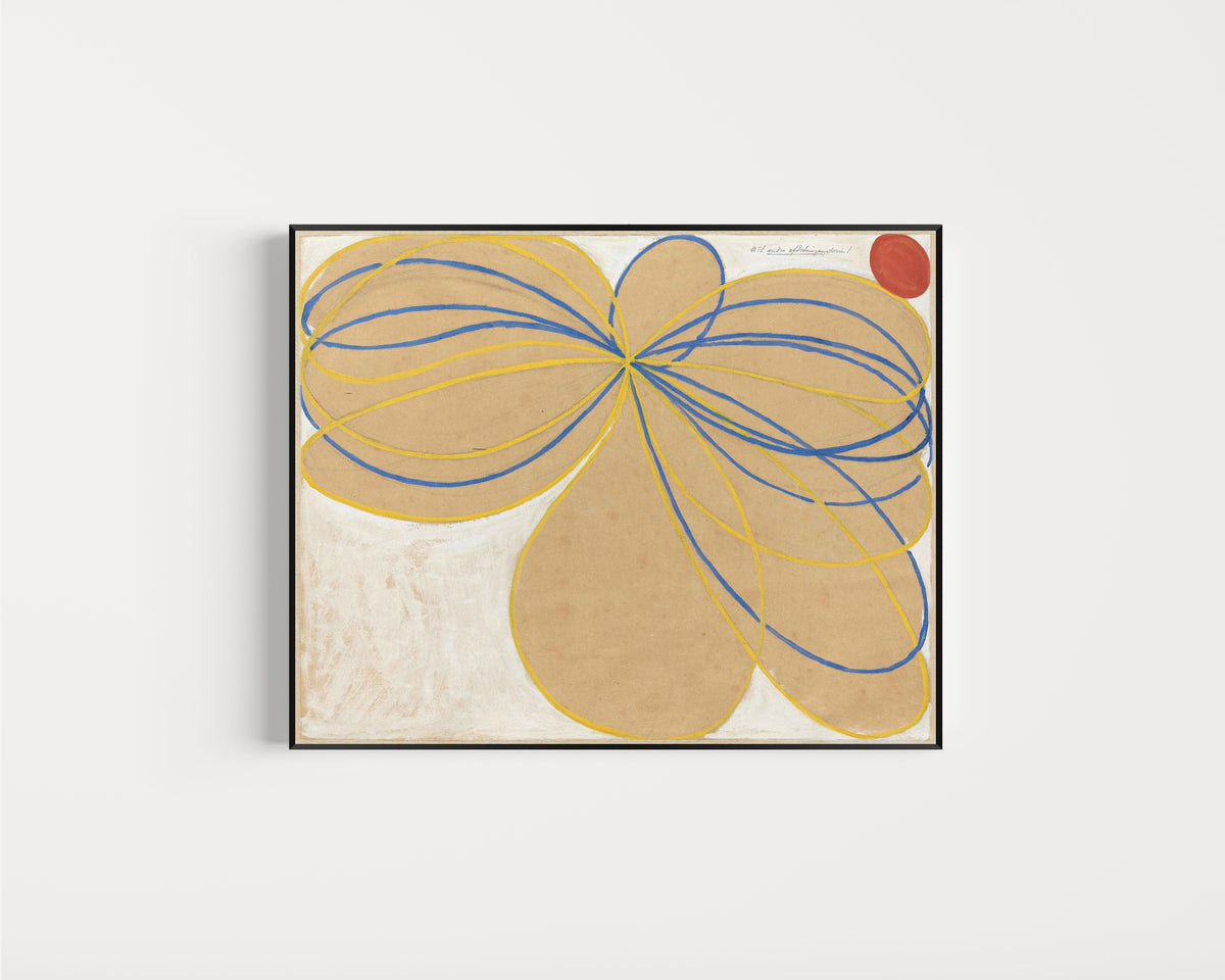 Framed art print of The Seven-Pointed Star No. 1 by Hilma af Klint, in a slim black frame on a plain white wall