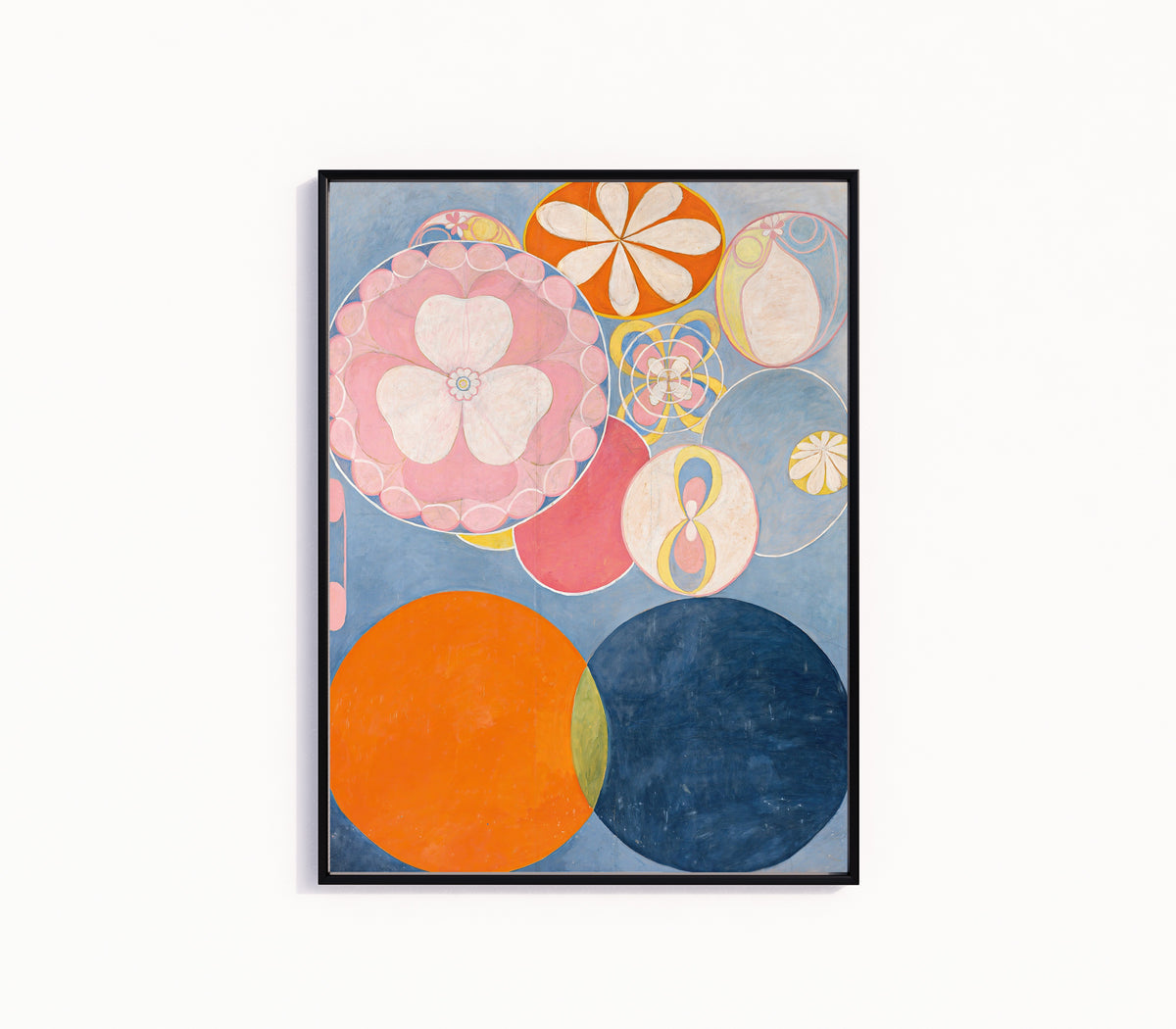 Framed art print of The Ten Largest, No. 2, Childhood by Hilma af Klint, in a slim black frame on a plain white wall