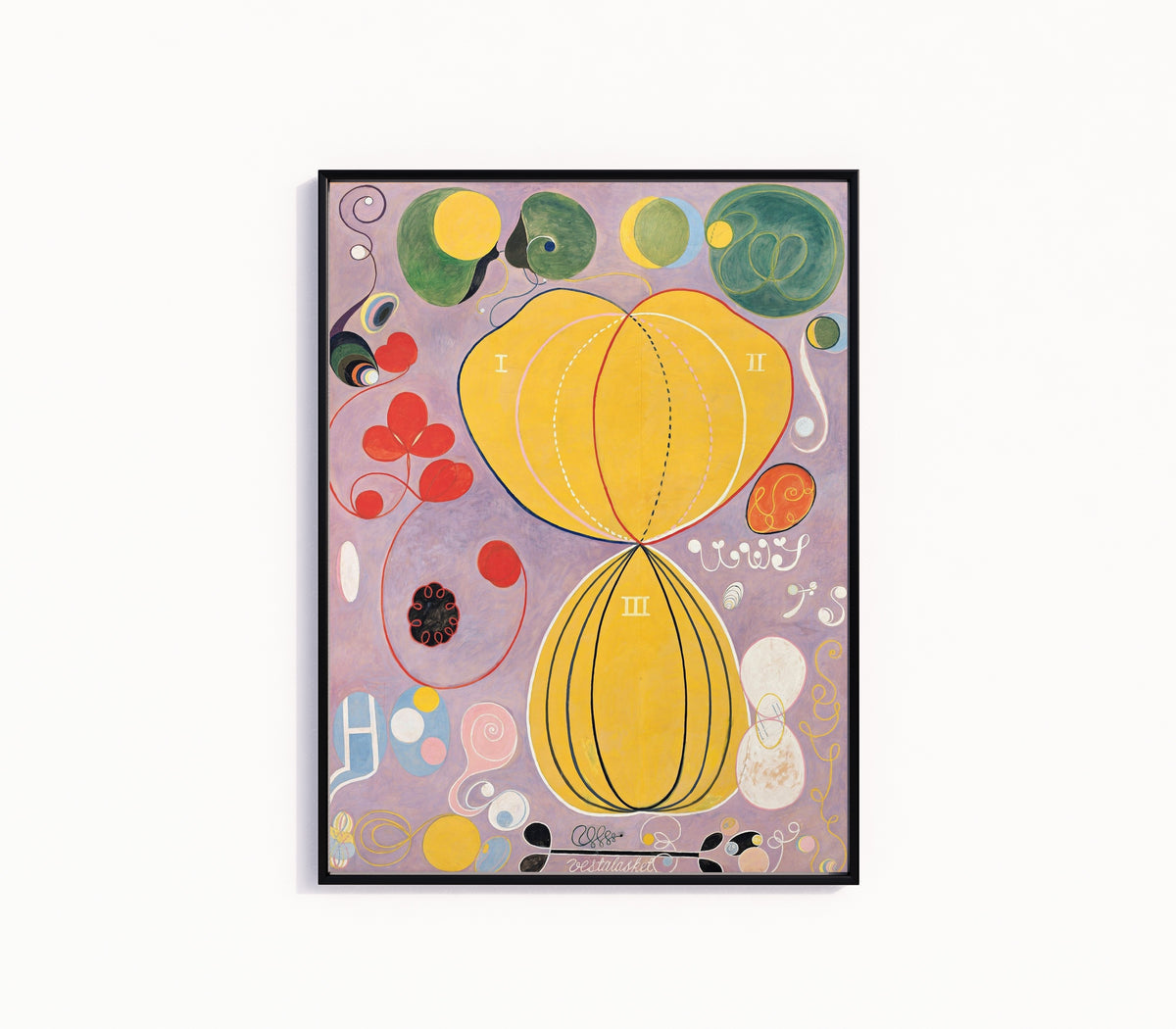 Framed art print of The Ten Largest, No. 7, Adulthood by Hilma af Klint, in a slim black frame on a plain white wall