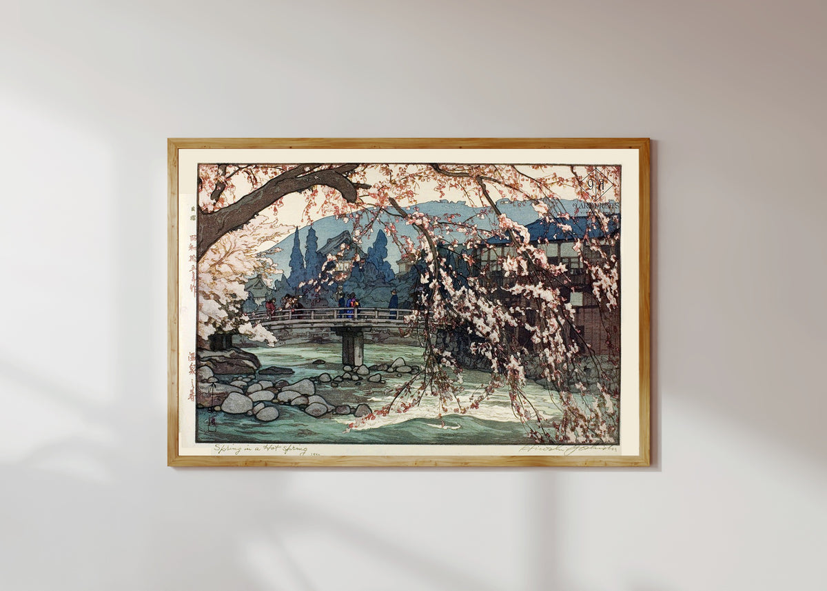 Framed art print of Spring Spa by Hiroshi Yoshida, in a light wood frame on a sunlit white wall