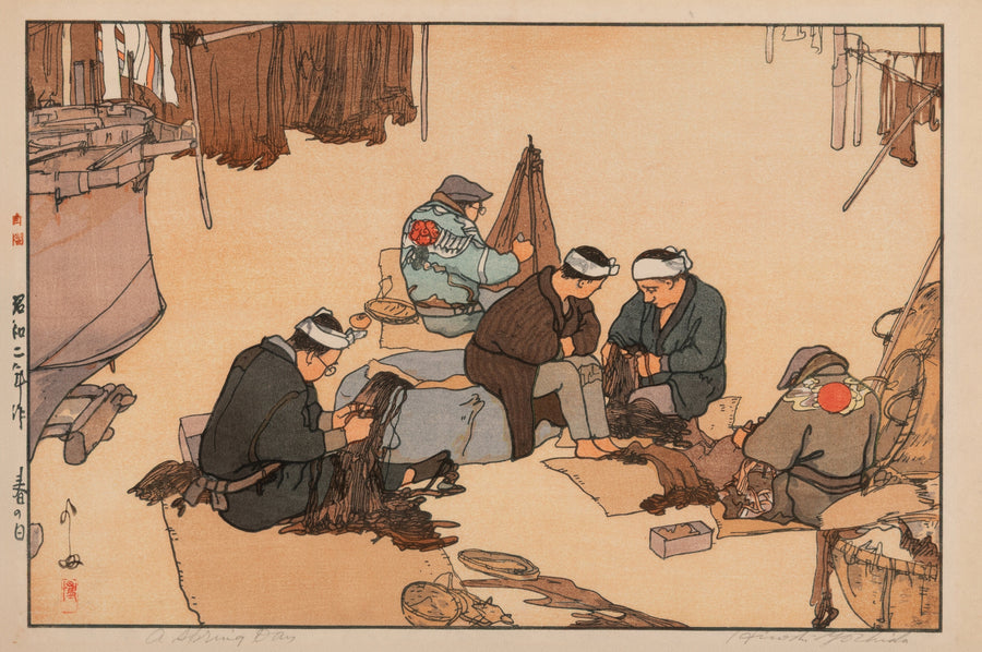 Hiroshi Yoshida — A Spring Day | Japanese Woodblock Print (Shin Hanga) shown to scale on a wall above a sofa