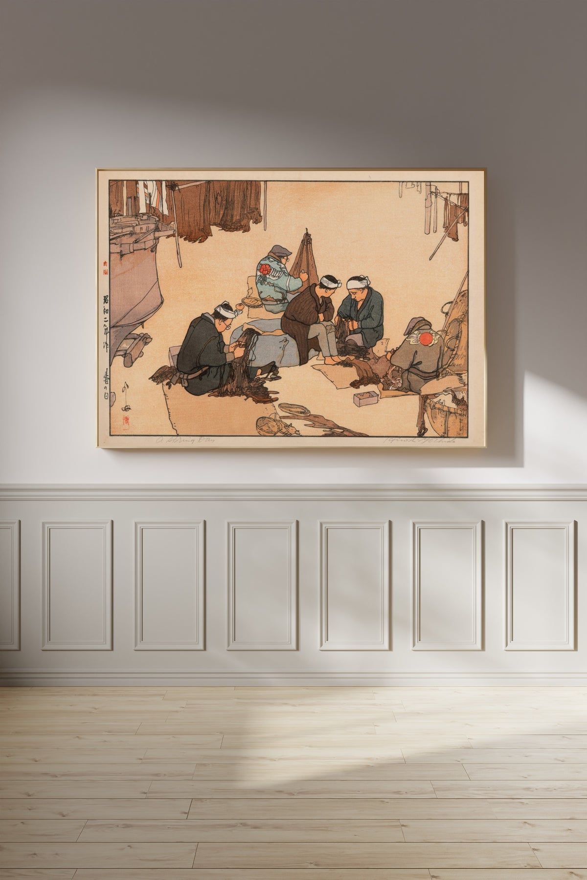 Framed art print of A Spring Day by Hiroshi Yoshida, on a panelled wall in afternoon light