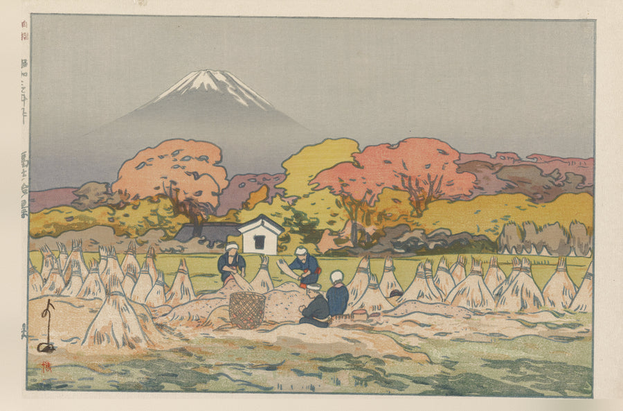 Hiroshi Yoshida — Autumn | Japanese Woodblock Print (Shin Hanga) shown to scale on a wall above a sofa
