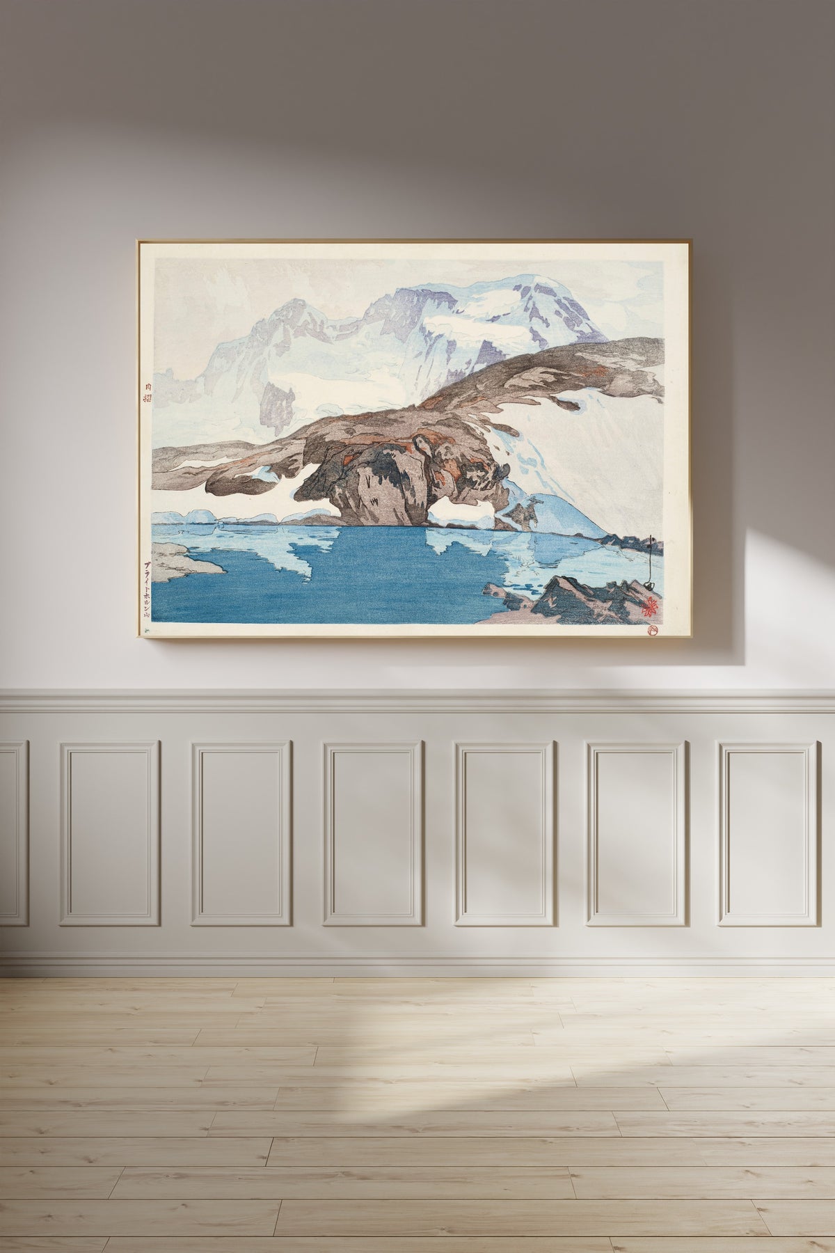 Framed art print of Breithorn by Hiroshi Yoshida, on a panelled wall in afternoon light