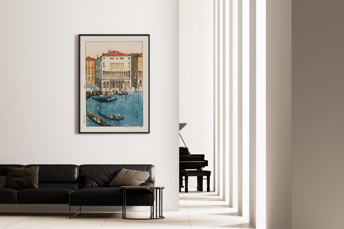 Framed art print of Canal in Venice by Hiroshi Yoshida, on the wall of a minimal living room