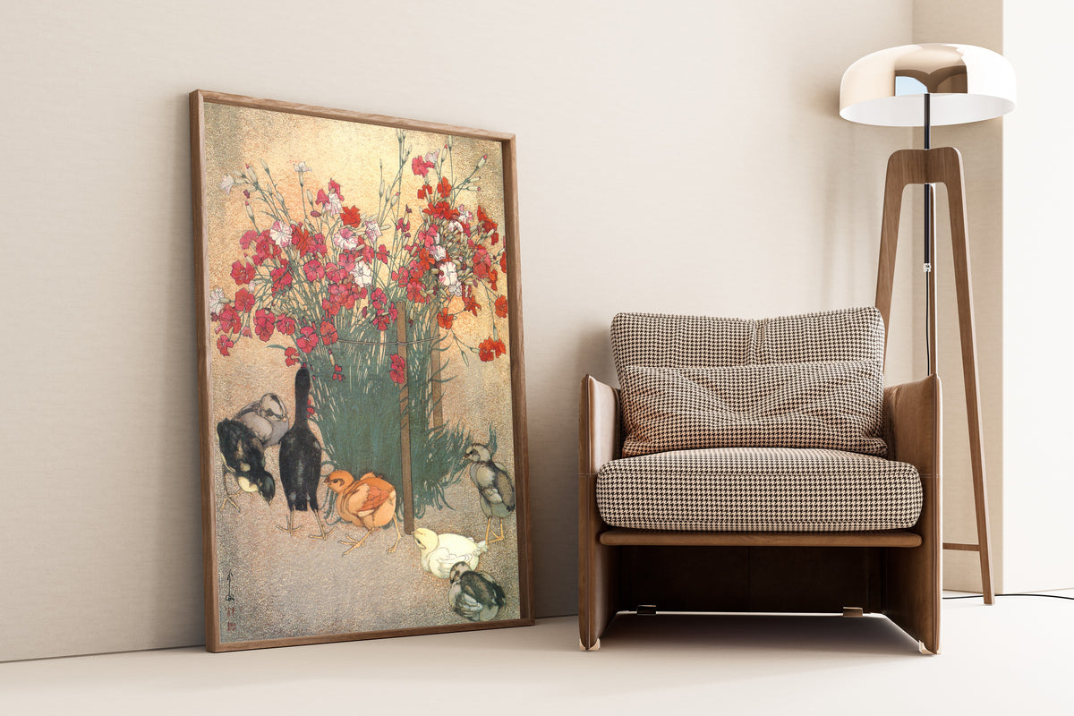 Framed art print of Chickens by Hiroshi Yoshida, leaning against a wall beside an armchair and a floor lamp