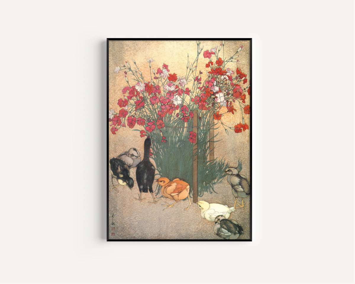 Framed art print of Chickens by Hiroshi Yoshida, in a slim black frame on a plain white wall