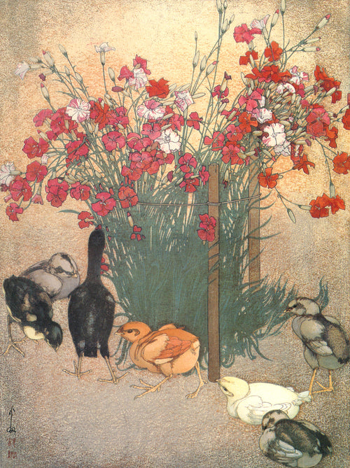 Chickens by Hiroshi Yoshida — Chicks of grey, black, orange and cream below red and pink flowers