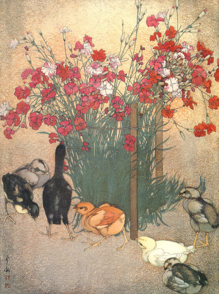Hiroshi Yoshida — Chickens | Japanese Woodblock Print (Shin Hanga) shown to scale on a wall above a sofa