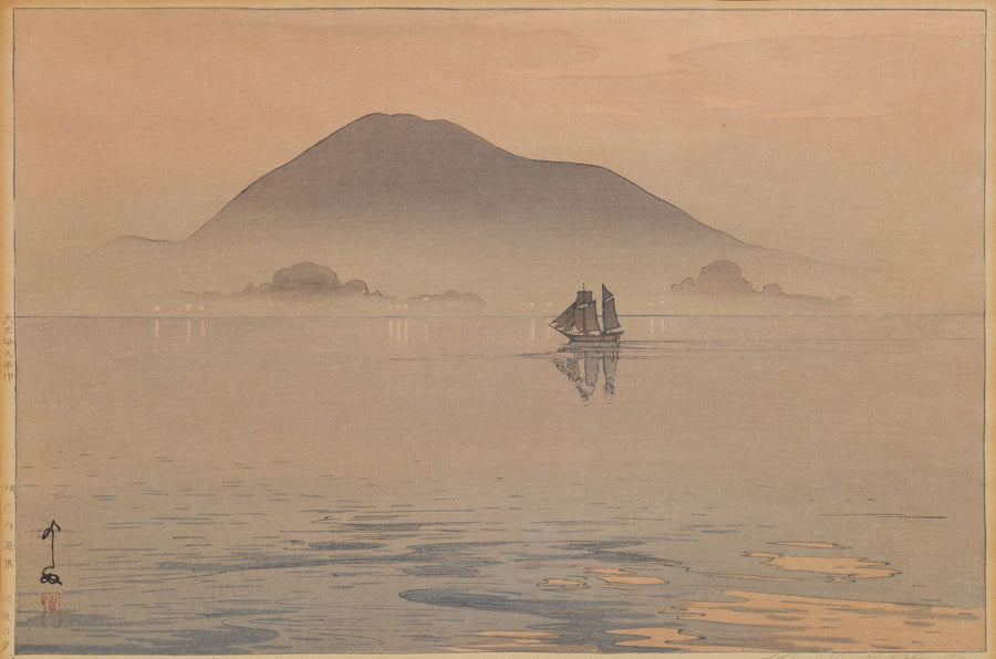 Hiroshi Yoshida — Evening After Rain, Inland Sea | Japanese Woodblock Print (Shin Hanga) shown to scale on a wall above a sofa