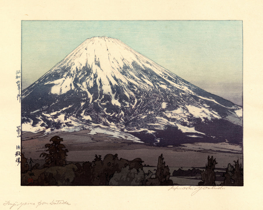 Hiroshi Yoshida — Fujiyama from Gotemba | Japanese Woodblock Print (Shin Hanga) shown to scale on a wall above a sofa