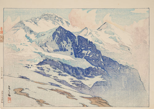 Jungfrau by Hiroshi Yoshida — Snow peaks and glacier ice in stippled ultramarine blue