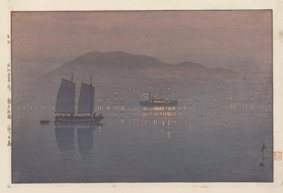 Kōnoshima by Hiroshi Yoshida — A sailing boat and a lit steamer on a hushed violet sea