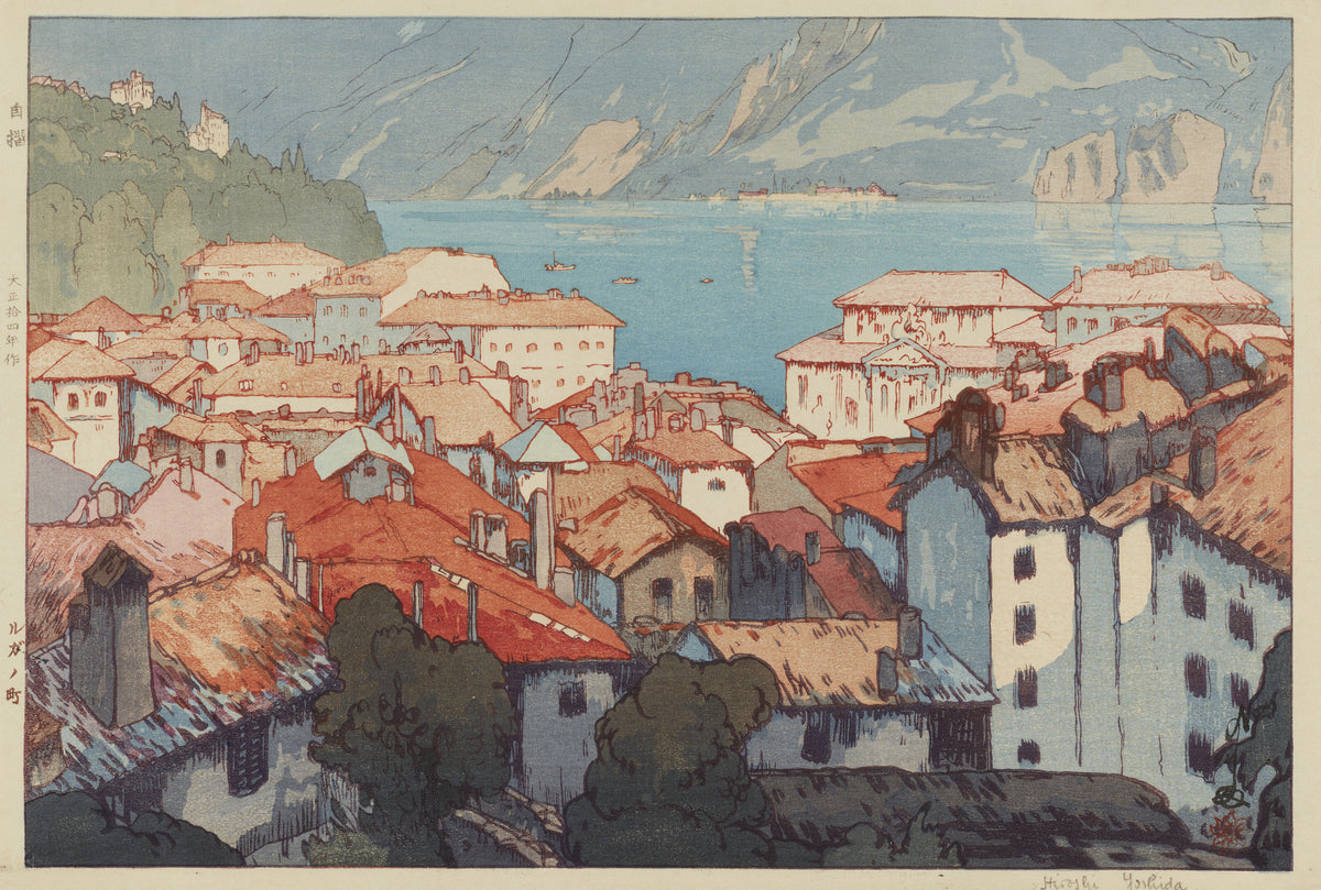Lugano by Hiroshi Yoshida — Orange-red rooftops stepping down to a turquoise lake