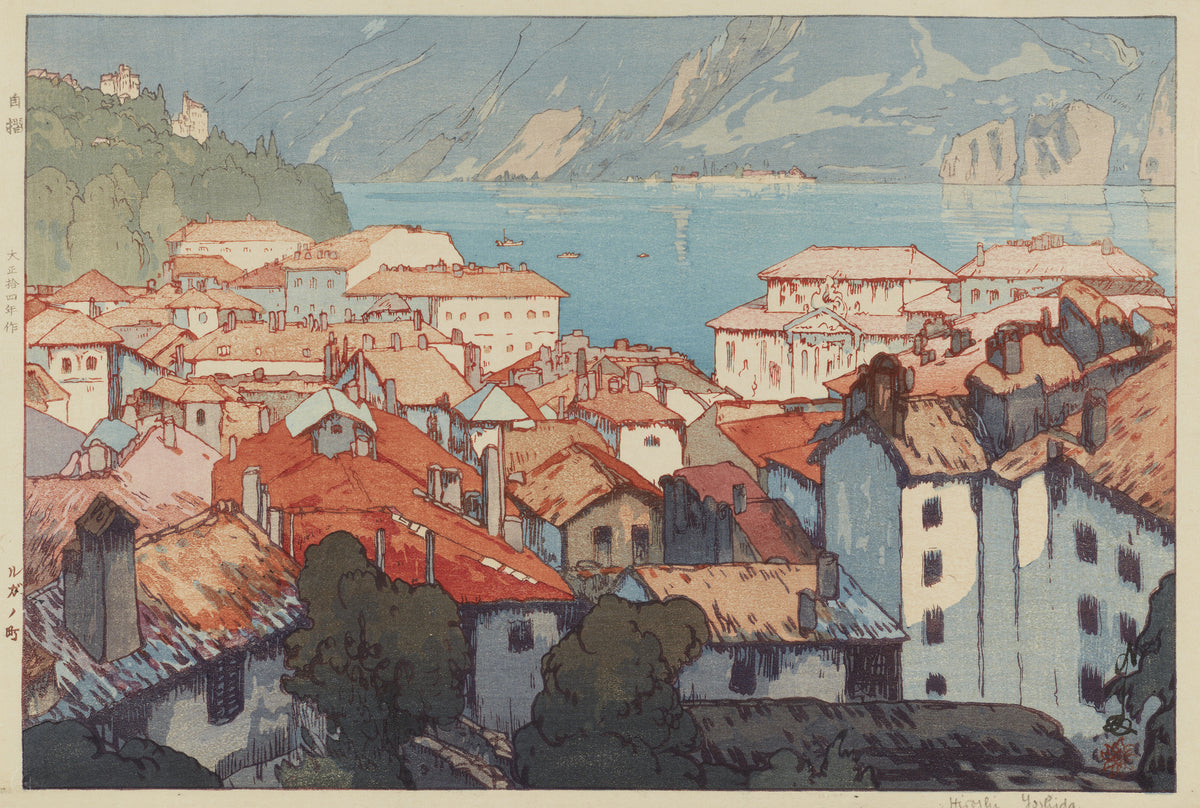 Lugano by Hiroshi Yoshida — Orange-red rooftops stepping down to a turquoise lake