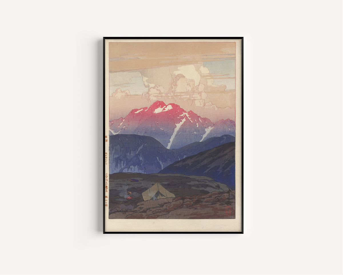 Framed art print of Morning at Mount Tsurugi by Hiroshi Yoshida, in a slim black frame on a plain white wall