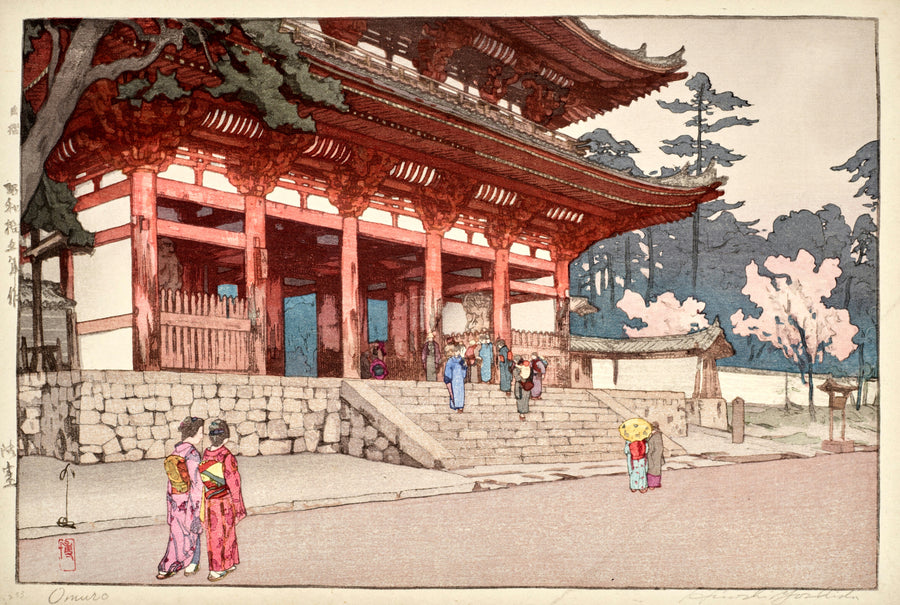 Hiroshi Yoshida — Omuro | Japanese Woodblock Print (Shin Hanga) shown to scale on a wall above a sofa
