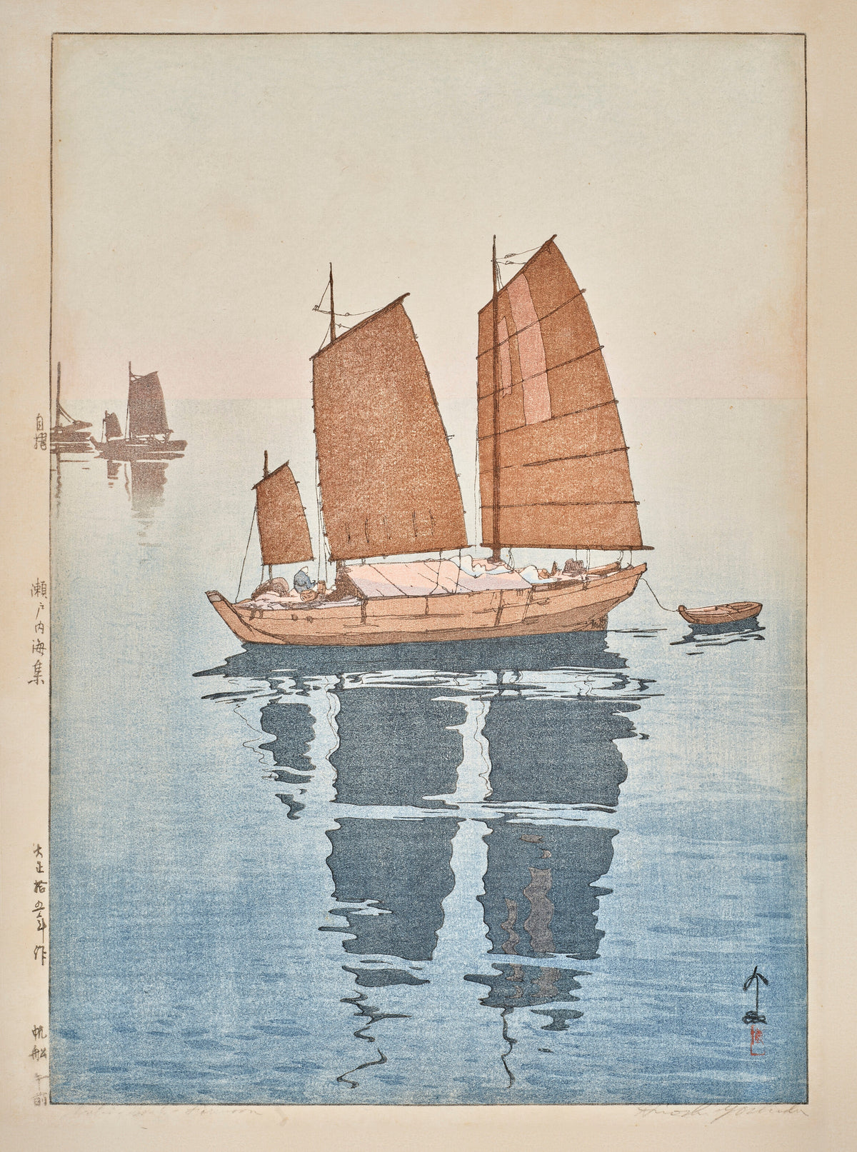 Sailing Boats, Forenoon by Hiroshi Yoshida — Rust-brown sails and their long reflections on pale blue water