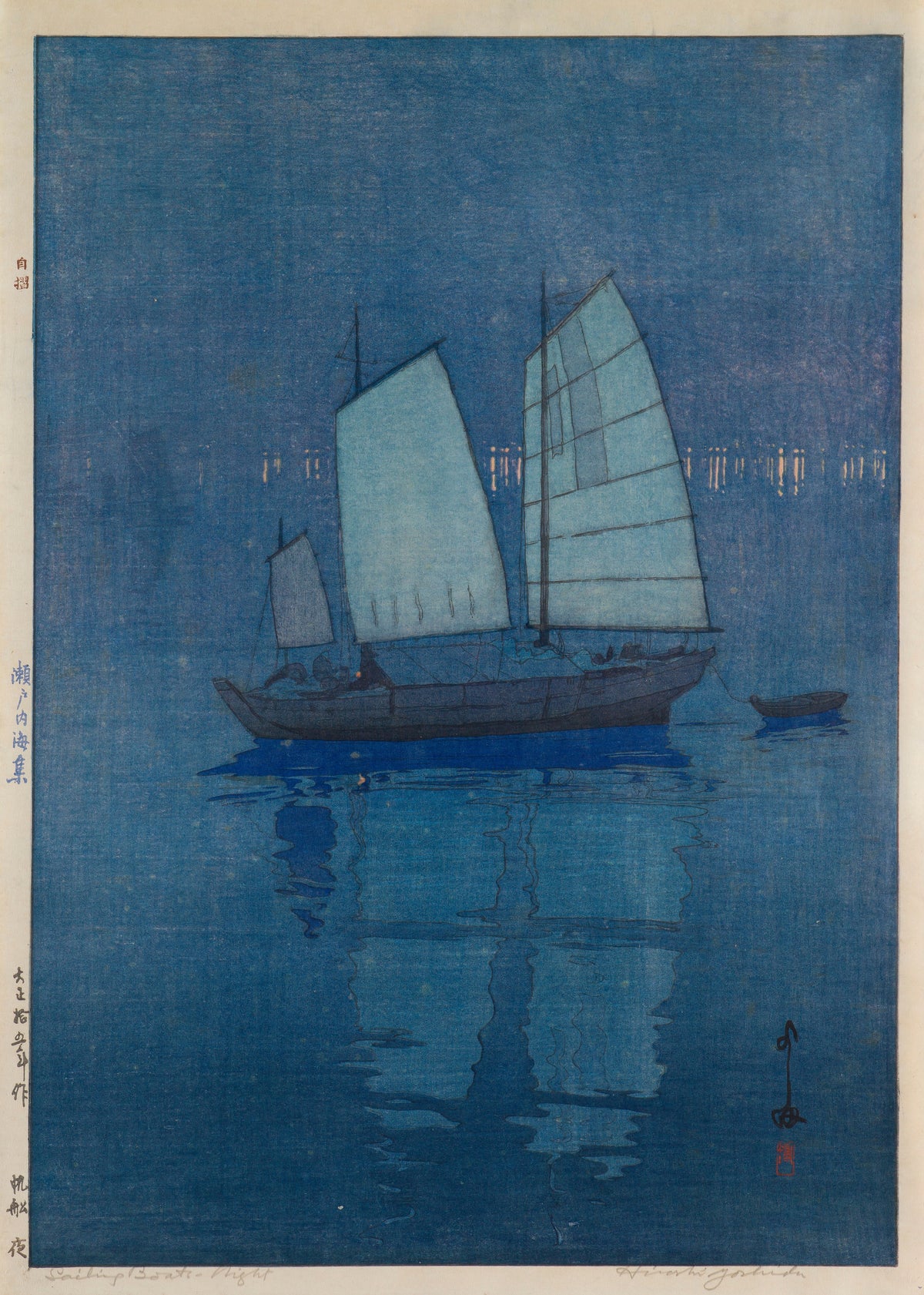 Sailing Boats, Night by Hiroshi Yoshida — Pale blue sails and a row of distant lights over dark water