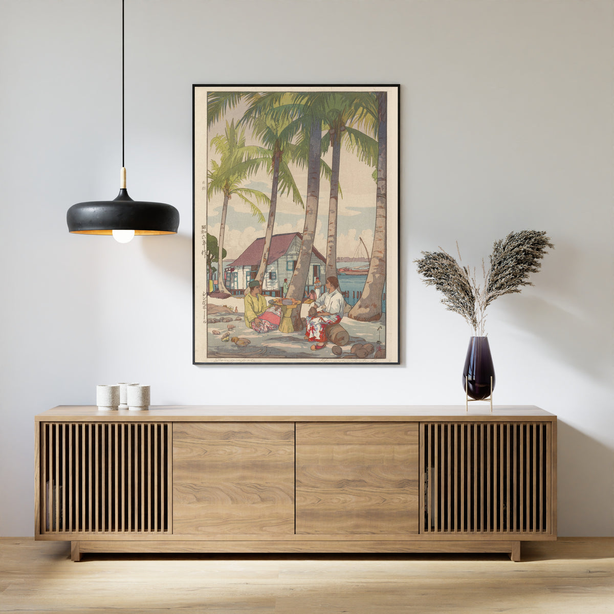 Framed art print of Singapore by Hiroshi Yoshida, above a slatted wood sideboard