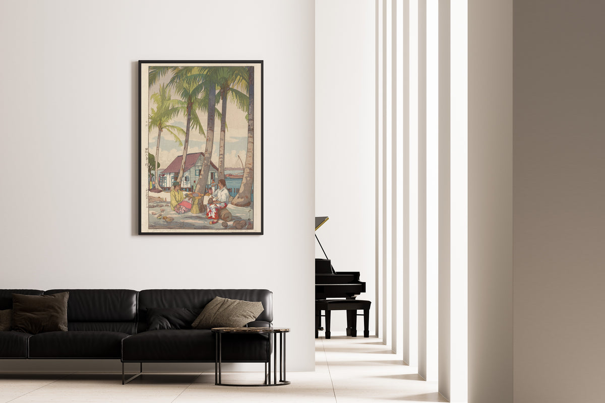 Framed art print of Singapore by Hiroshi Yoshida, on the wall of a minimal living room