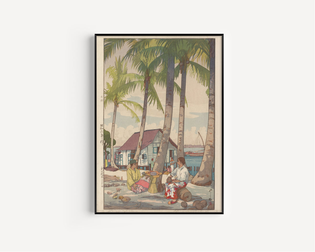 Framed art print of Singapore by Hiroshi Yoshida, in a slim black frame on a plain white wall