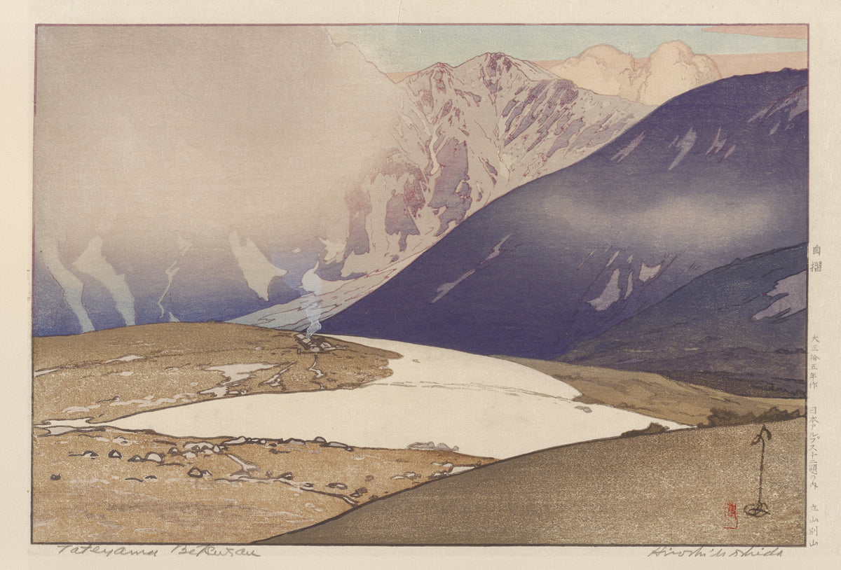 Tateyama Betsuzan by Hiroshi Yoshida — Mist drifting past an indigo slope above tawny ground