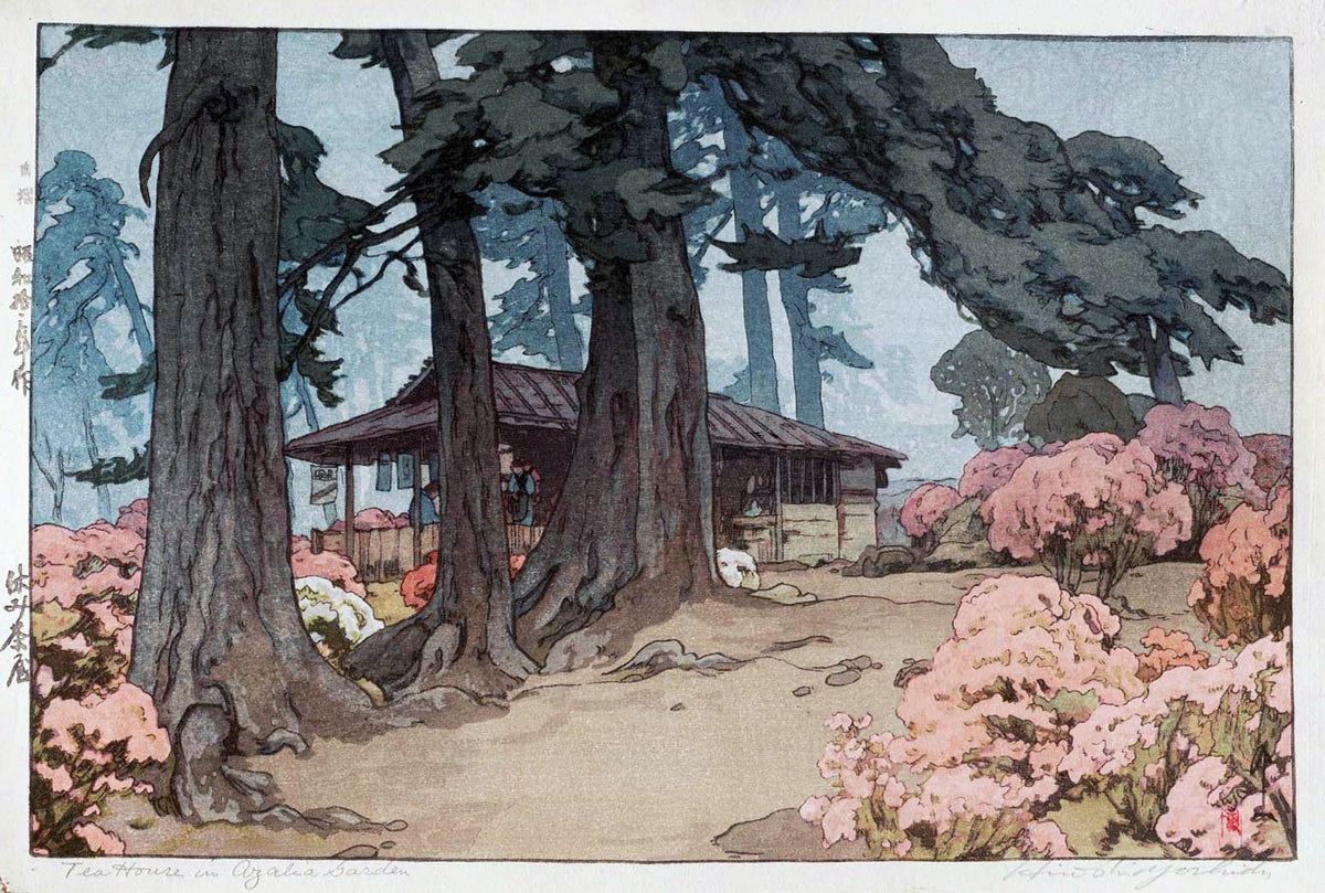 Tea House in Azalea Garden by Hiroshi Yoshida — Pink azaleas and tall dark trunks around a low teahouse