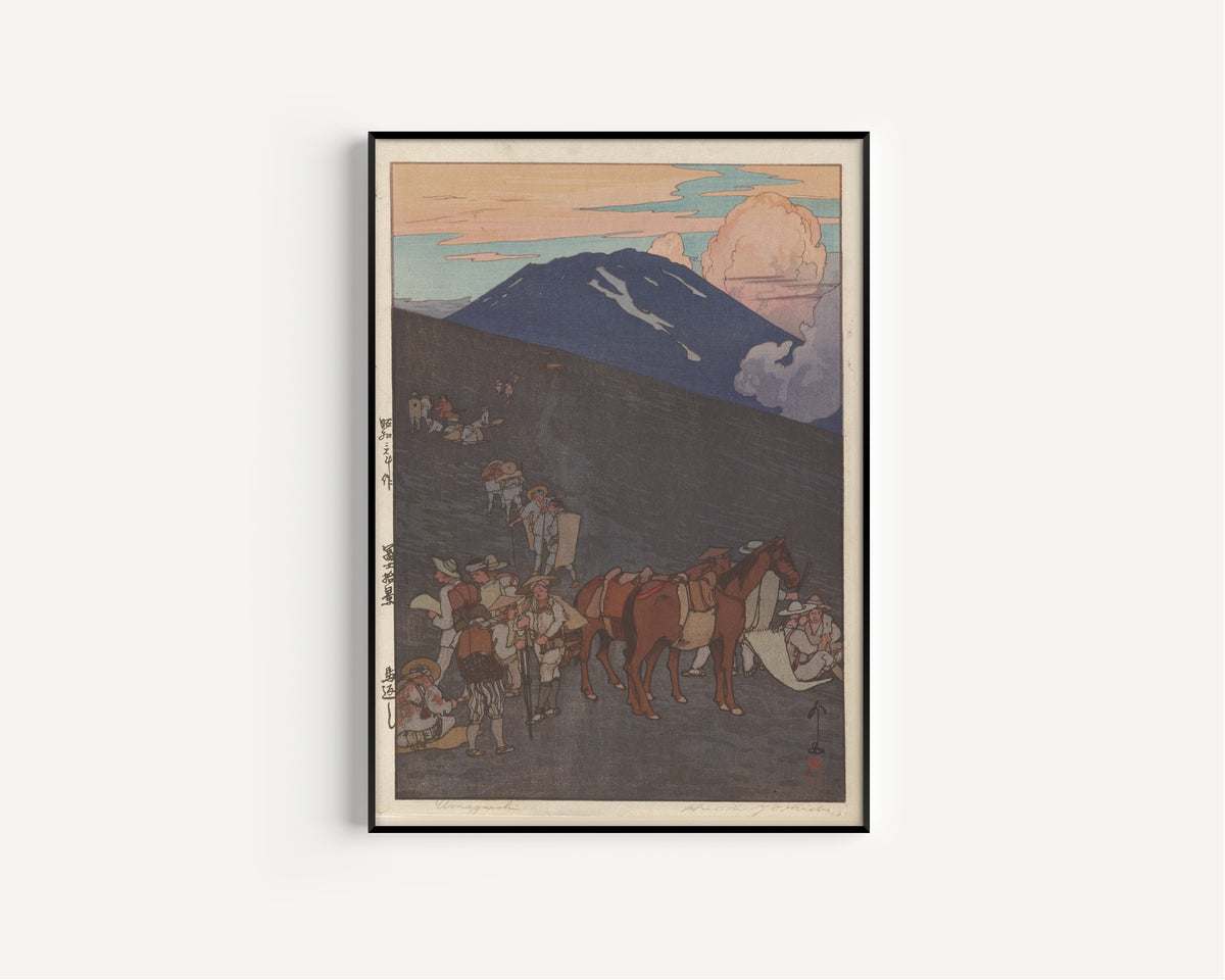 Framed art print of The Horse Turn-Back by Hiroshi Yoshida, in a slim black frame on a plain white wall