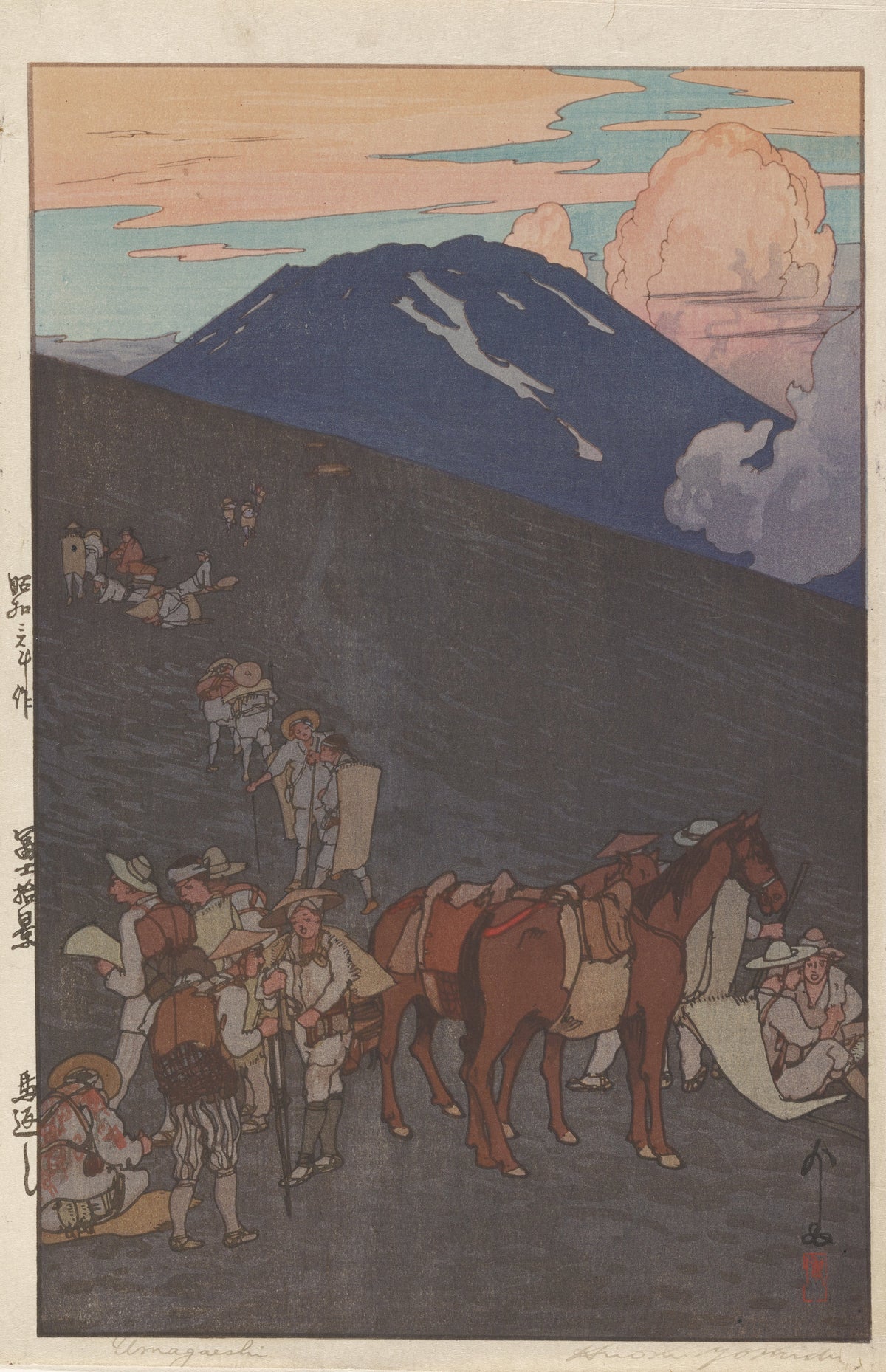 The Horse Turn-Back by Hiroshi Yoshida — Travellers and two russet horses beneath a deep blue peak