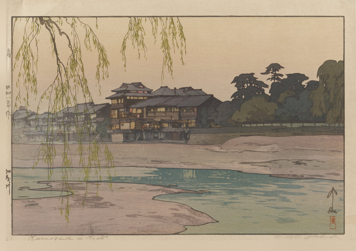 The Kamo River by Hiroshi Yoshida — Lit windows along a riverbank behind drooping willow