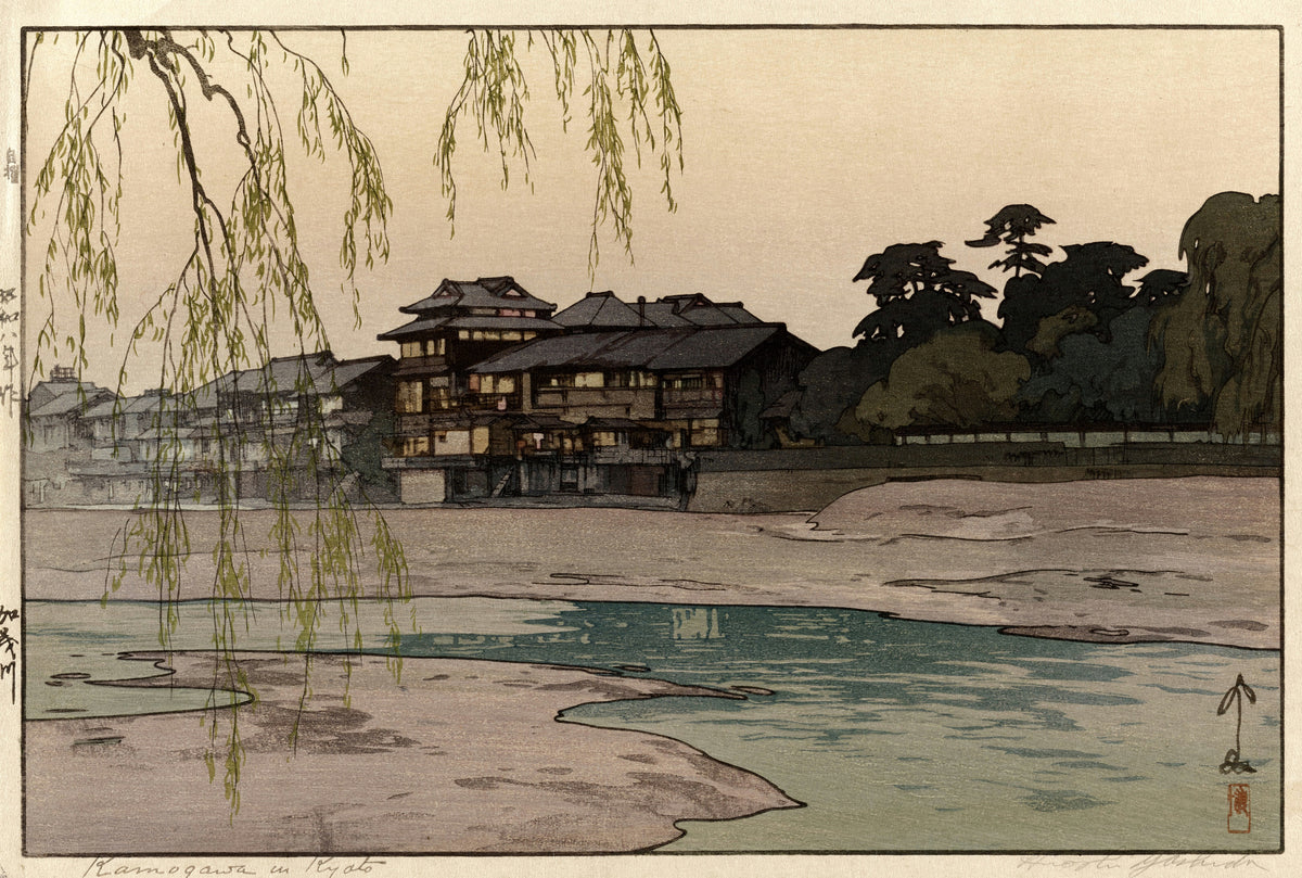 The Kamo River by Hiroshi Yoshida — Lit windows along a riverbank behind drooping willow