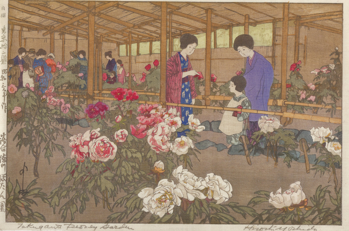 The Tokugawa Peony Garden at Ochiai by Hiroshi Yoshida — Visitors among pink, crimson and white peonies in a bamboo shelter