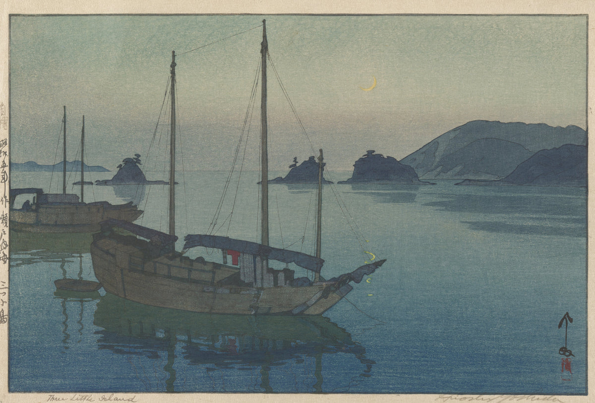 Three Little Islands by Hiroshi Yoshida — A moored boat beneath a crescent moon on still water
