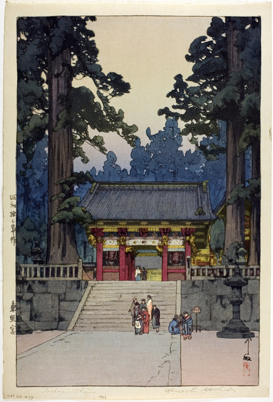 Hiroshi Yoshida — Toshogu Shrine | Japanese Woodblock Print (Shin Hanga) shown to scale on a wall above a sofa