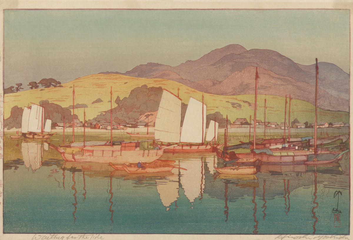 Waiting for the Tide by Hiroshi Yoshida — Sailing boats gathered on still water below ochre hills