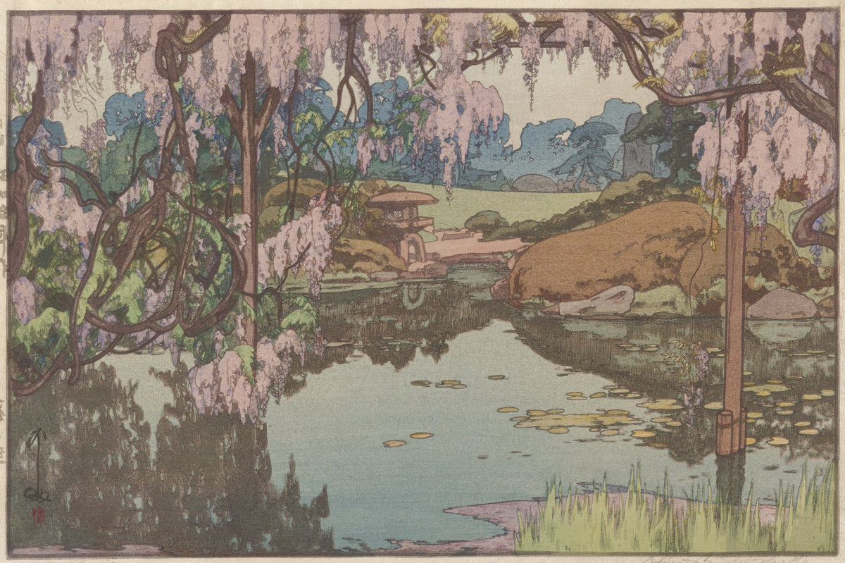 Wisteria Garden by Hiroshi Yoshida — Wisteria over a still pond with yellow lily pads