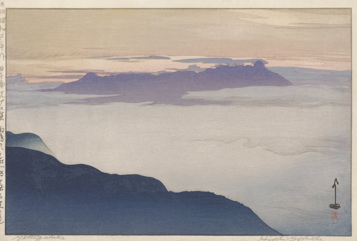 Yatsugatake after Rain by Hiroshi Yoshida — A violet ridge rising from a sea of cloud
