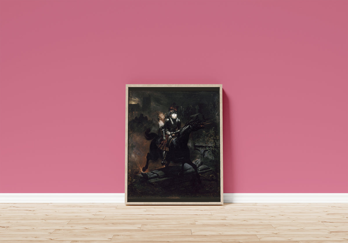 Framed art print of La Ballade de Lénore by Horace Vernet, in a light wood frame leaning on a pink wall above a wooden floor