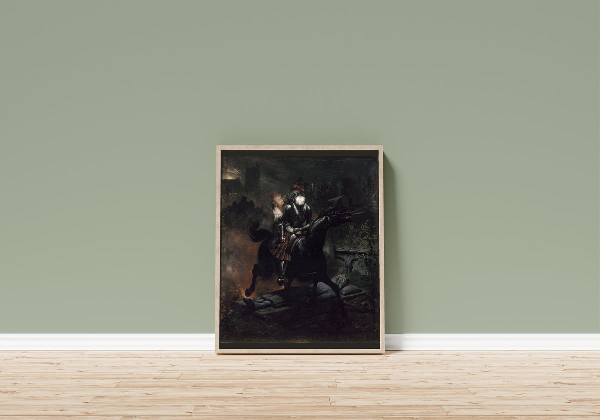 Framed art print of La Ballade de Lénore by Horace Vernet, in a light wood frame leaning on a sage green wall above a wooden floor