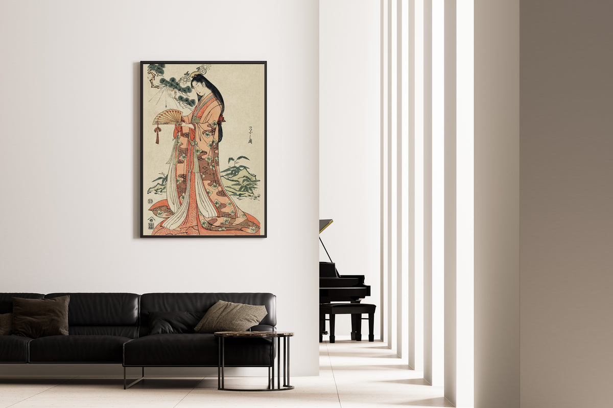 Sotoori Hime by Hosoda Eishi — framed on the wall of a minimal living room